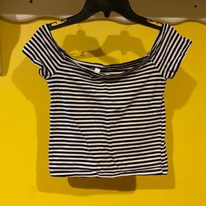 black and white striped off the shoulder tee